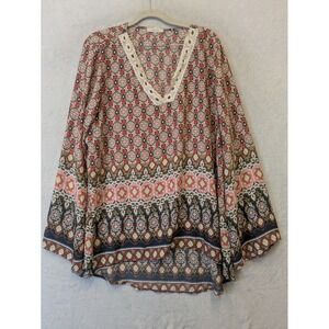 HALO Womens XL Boho Geometric Crochet Bell Sleeve Tunic Top
